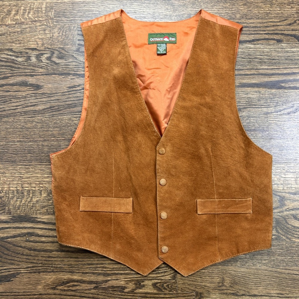 Outback Red Vest Mens Large Brown Suede Button Front Lined Pockets Western